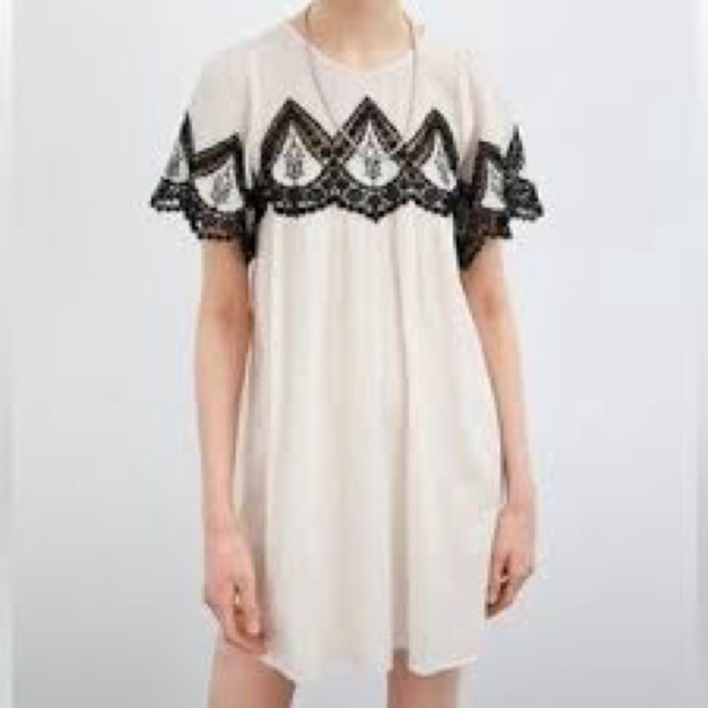 Zara Elegant Cream and Black Lace Dress